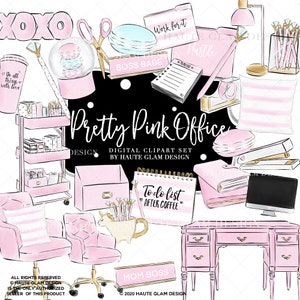 Pretty Pink Office Clipart Set, Bossbabe Clip Art, Pink Planner Stationery Office Supplies, Hand Drawn Illustrations, Girlboss Clipart