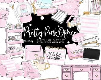 Ensemble de cliparts bureau assez rose, clipart Bossbabe, fournitures de bureau de papeterie agenda rose, illustrations dessinées à la main, clipart Girlboss