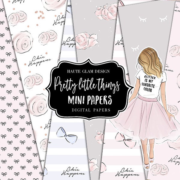 Pretty Little Things Mini Digital Papers Feminine Backgrounds Lashes Bows Chic Happens Pink Flowers Seamless Patterns Backdrops 7 JPG Files