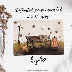 May include: An illustrated scene featuring a squirrel on a park bench with pumpkins and falling leaves. The image includes a lamppost and the text "illustrated scene included 11" x 8.5" jpeg". The artwork has a fall theme.