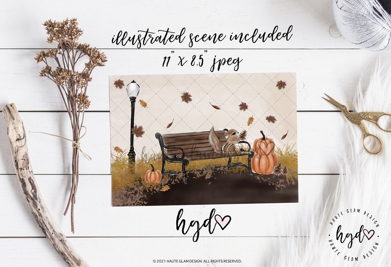 May include: An illustrated scene featuring a squirrel on a park bench with pumpkins and falling leaves. The image includes a lamppost and the text "illustrated scene included 11" x 8.5" jpeg". The artwork has a fall theme.