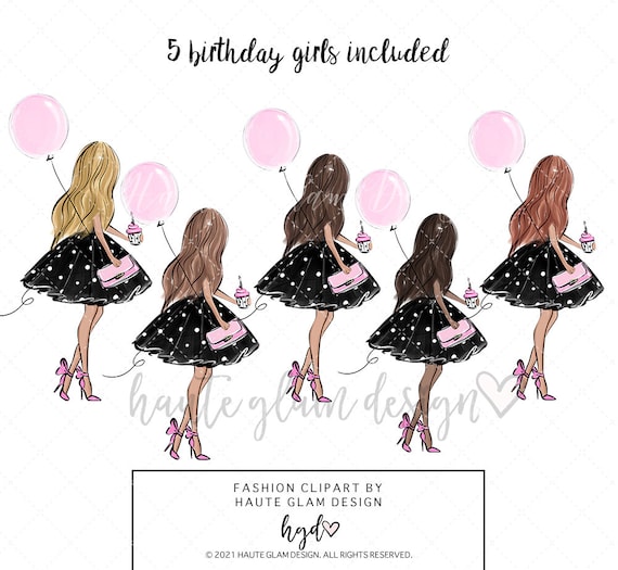 Birthday Girl Clipart Set, Glam Birthday Party, Pastel, Romantic Girl,  Balloon Numbers Graphics, Happy Birthday Invitation, Illustration 