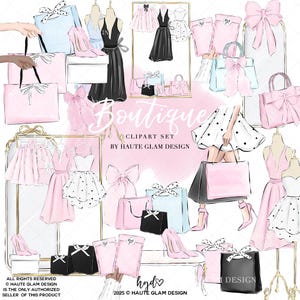 Boutique-Clipart-Set, Mädchen beim Einkaufen, Tragetaschen, Shopper, Shopaholic, Einkaufstaschen, Kleid, Bögen, handgezeichnete Illustrationen, 27 PNG