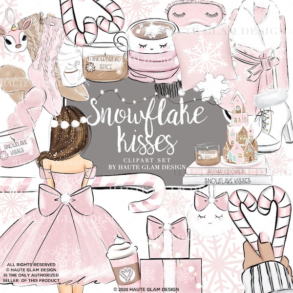 Snowflake Kisses, Pink Winter Clipart Set, Christmas Clip Art, Cozy Winter, Hot Cocoa, Peppermint, Candy Cane Winter Icons, Planner Clip Art