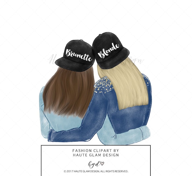 Digital Clip Art 300 DPI Blonde and Brunette Clipart Besties Clip Art 2 PNG Design Best Friends Illustration Fashion Illustration