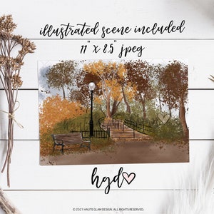 May include: An illustrated scene print, 11 x 8.5 inches, depicts a park scene with a bench, lamppost, and a path leading up stairs. The artwork features autumn colors and the text "illustrated scene included".