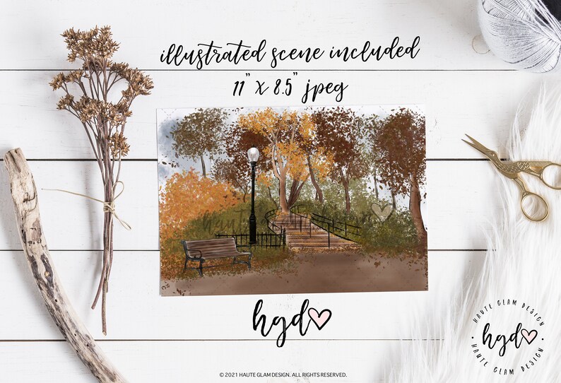May include: An illustrated scene print, 11 x 8.5 inches, depicts a park scene with a bench, lamppost, and a path leading up stairs. The artwork features autumn colors and the text "illustrated scene included".