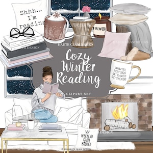 Cozy Winter Reading Clipart, Bookworm, Cozy Clip Art, Cozy Home, Snow Window, Girl Reading, Couch, Fireplace, Hot Cocoa, Blankets, Pillows