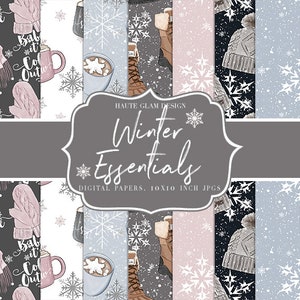 Winter Essentials Digital Paper Set, Winter Papers, Falling Snow, Snowflakes Patterns, Cozy Winter Planner Backgrounds, 12 Seamless Patterns