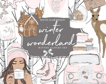 Clipartset winter, winterafbeeldingen, illustraties, roze winter, modemeisje, sneeuwmeisje, warme chocolademelk, berkenboom, sneeuwbol, besneeuwde illustraties