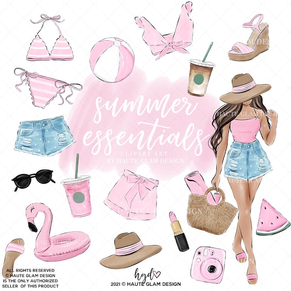 Summer Clipart, Summer Essentials Clip Art, Pink Summer, Summer Fashion Girl, Pink Clipart, Beach Clipart, Pool Clipart, Hand Drawn, 19 PNG