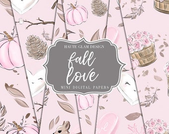 Fall Love Digital Papers, Seamless Patterns, 6" Paper Size, Pink Autumn Papers, Fall Papers, Fall Background Papers, Pink Pumpkins, 7 Papers