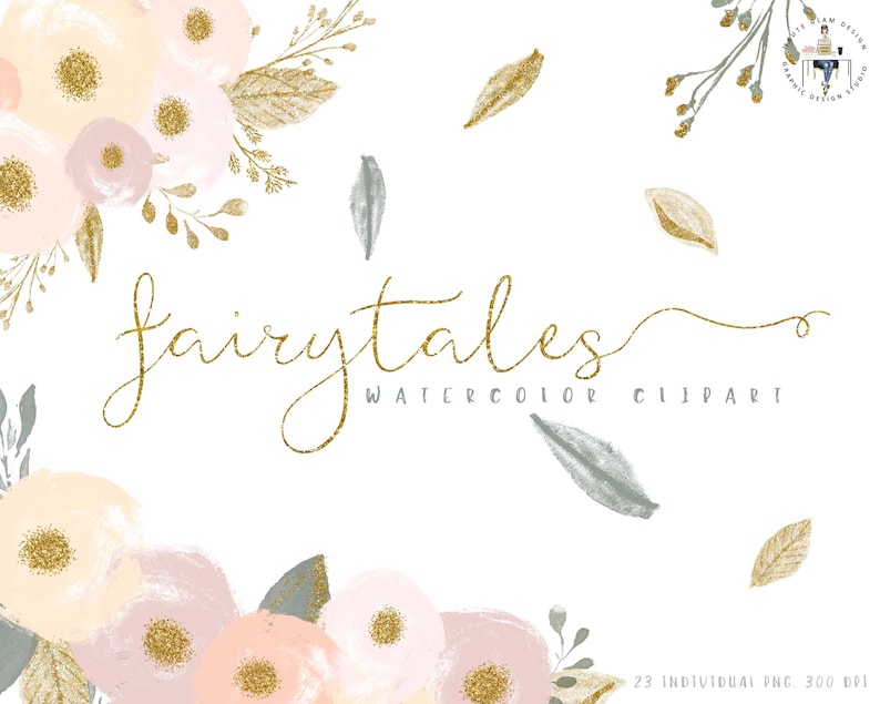 Fairytales Bouquets Floral Clipart High Resolution Watercolor Flowers Gold Glitter Clipart 23 Individual PNG Digital Design Elements