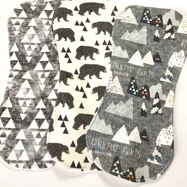 Organic Burp Cloths - Baby Boy Burp Cloths - Adventure Set of Three Burp Cloths - Bear - Adventure Awaits - Aztec - Baby Shower Gift