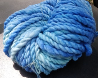 Blue super bulky and chunky yarn, pure soft Merino wool, handspun and hand-dyed. Shades of turquoise.  280 grams approx. By Soft Senses Yarn