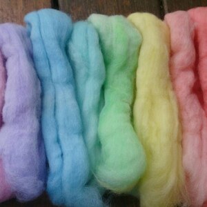 8 Pastel pure wool tops, hand-dyed roving for wet and needle felting. Yellow, orange, red, pink, purple, blue, cyan, green. DIY craft wool image 4