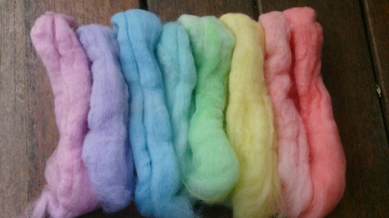 8 Pastel pure wool tops, hand-dyed roving for wet and needle felting. Yellow, orange, red, pink, purple, blue, cyan, green. DIY craft wool image 4
