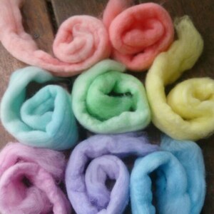 8 Pastel pure wool tops, hand-dyed roving for wet and needle felting. Yellow, orange, red, pink, purple, blue, cyan, green. DIY craft wool image 8