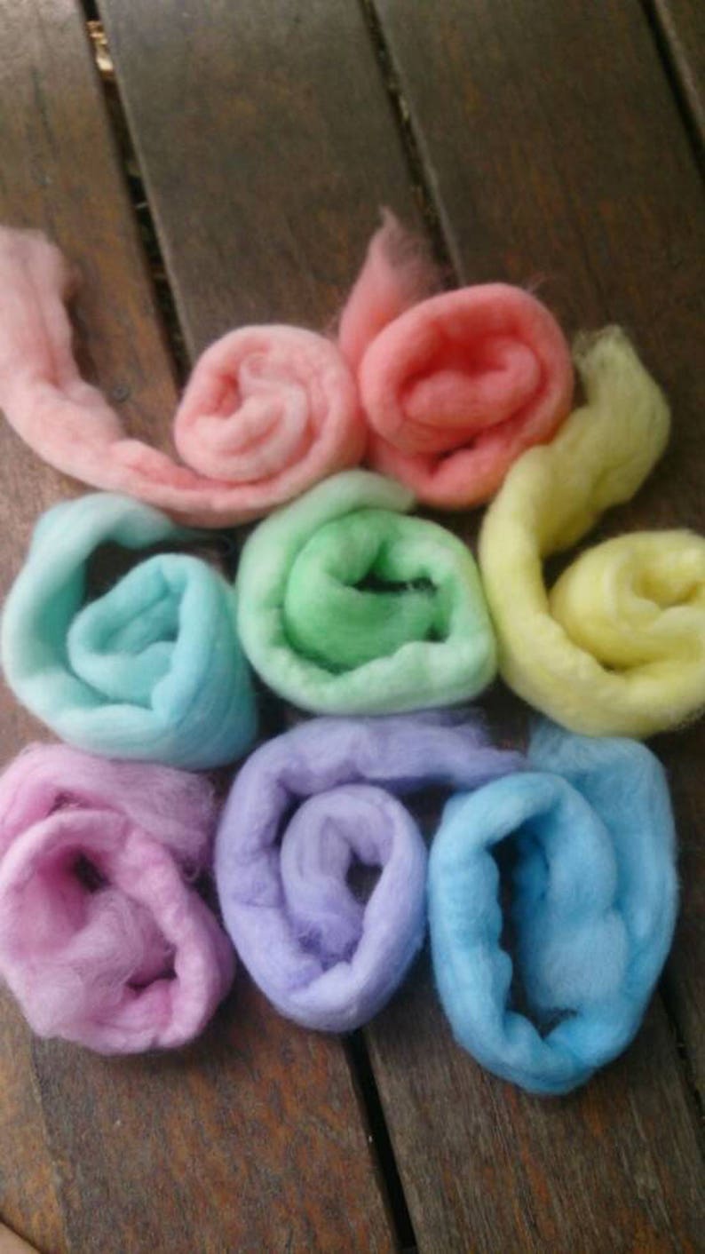 8 Pastel pure wool tops, hand-dyed roving for wet and needle felting. Yellow, orange, red, pink, purple, blue, cyan, green. DIY craft wool image 8