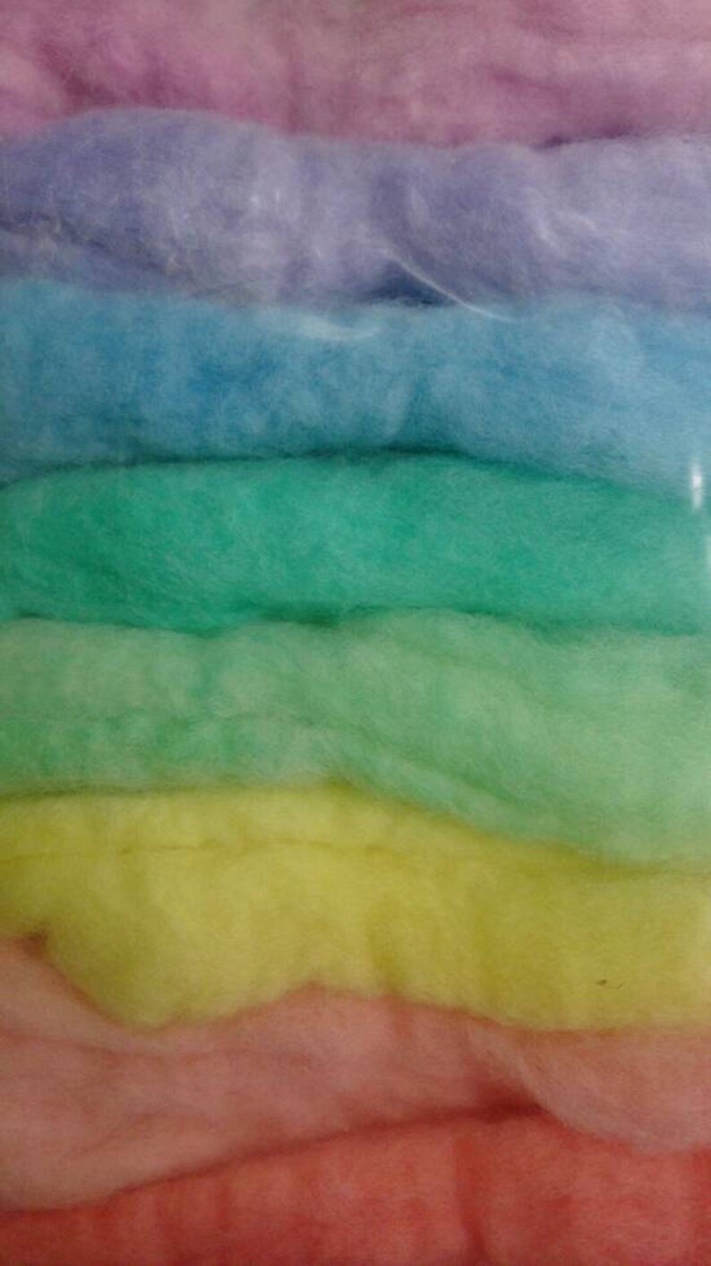 8 Pastel pure wool tops, hand-dyed roving for wet and needle felting. Yellow, orange, red, pink, purple, blue, cyan, green. DIY craft wool image 7