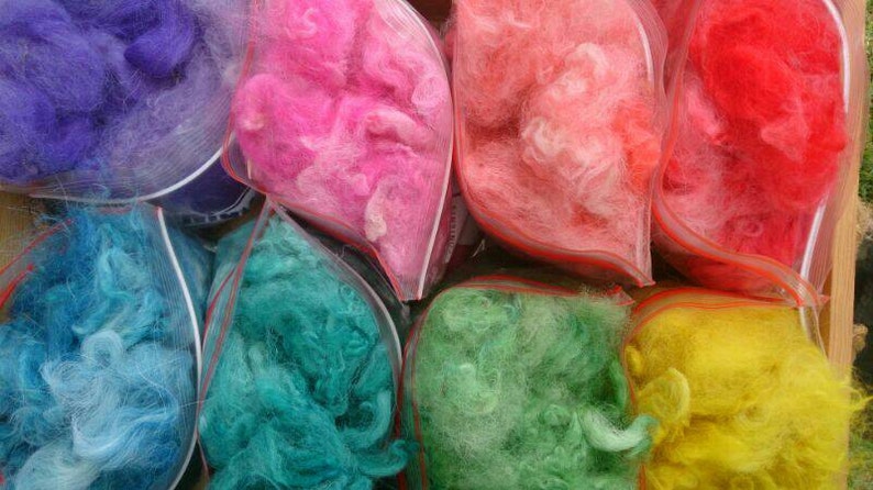 Soft alpaca fleece, yellow, peachy, red, pink, purple, blue, turquoise, green for needle felting, wet felting, spinning, DIY craft wool. image 1