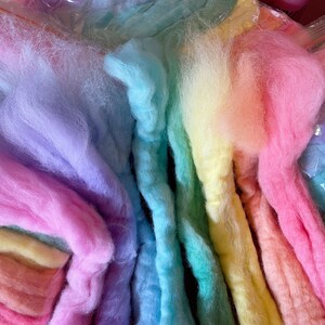 8 Pastel pure wool tops, hand-dyed roving for wet and needle felting. Yellow, orange, red, pink, purple, blue, cyan, green. DIY craft wool image 3