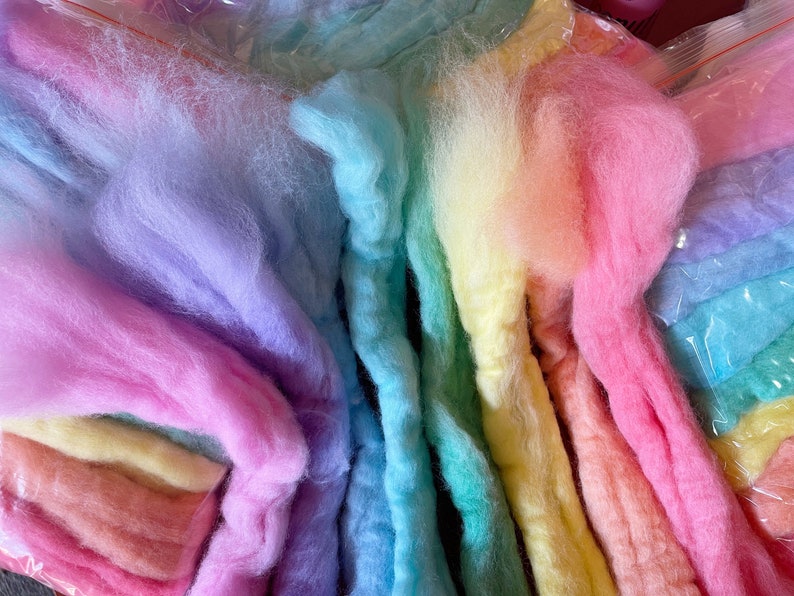 8 Pastel pure wool tops, hand-dyed roving for wet and needle felting. Yellow, orange, red, pink, purple, blue, cyan, green. DIY craft wool image 3