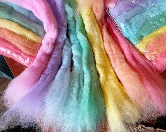 8 Pastel pure wool tops, hand-dyed roving for wet and needle felting. Yellow, orange, red, pink, purple, blue, cyan, green. DIY craft wool