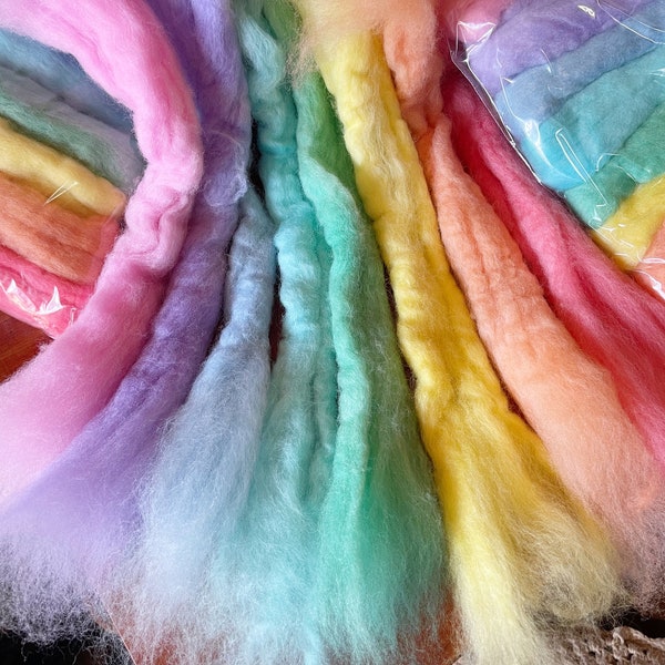 8 Pastel pure wool tops, hand-dyed roving for wet and needle felting. Yellow, orange, red, pink, purple, blue, cyan, green. DIY craft wool