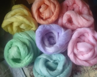 Pastel wool tops, pure Merino hand-dyed roving for spinning, wet & needle felting 50g. Light yellow, orange, red, green, blue, purple, pink