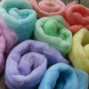 8 Pastel pure wool tops, hand-dyed roving for wet and needle felting. Yellow, orange, red, pink, purple, blue, cyan, green. DIY craft wool image 5