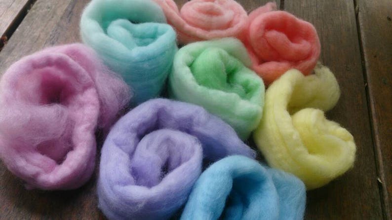 8 Pastel pure wool tops, hand-dyed roving for wet and needle felting. Yellow, orange, red, pink, purple, blue, cyan, green. DIY craft wool image 5