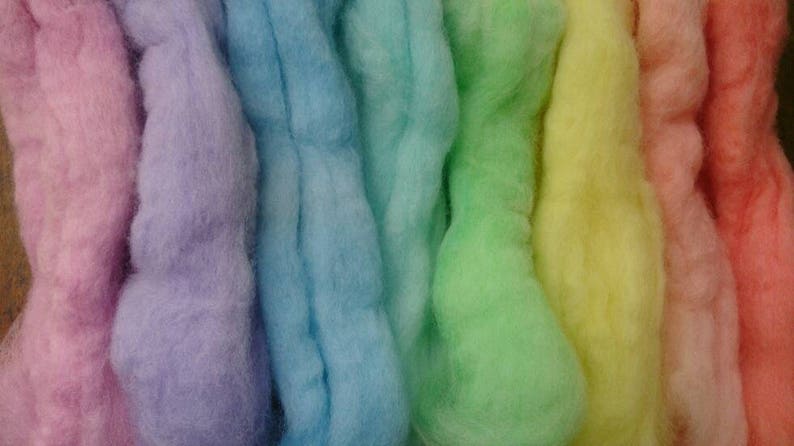 8 Pastel pure wool tops, hand-dyed roving for wet and needle felting. Yellow, orange, red, pink, purple, blue, cyan, green. DIY craft wool image 6