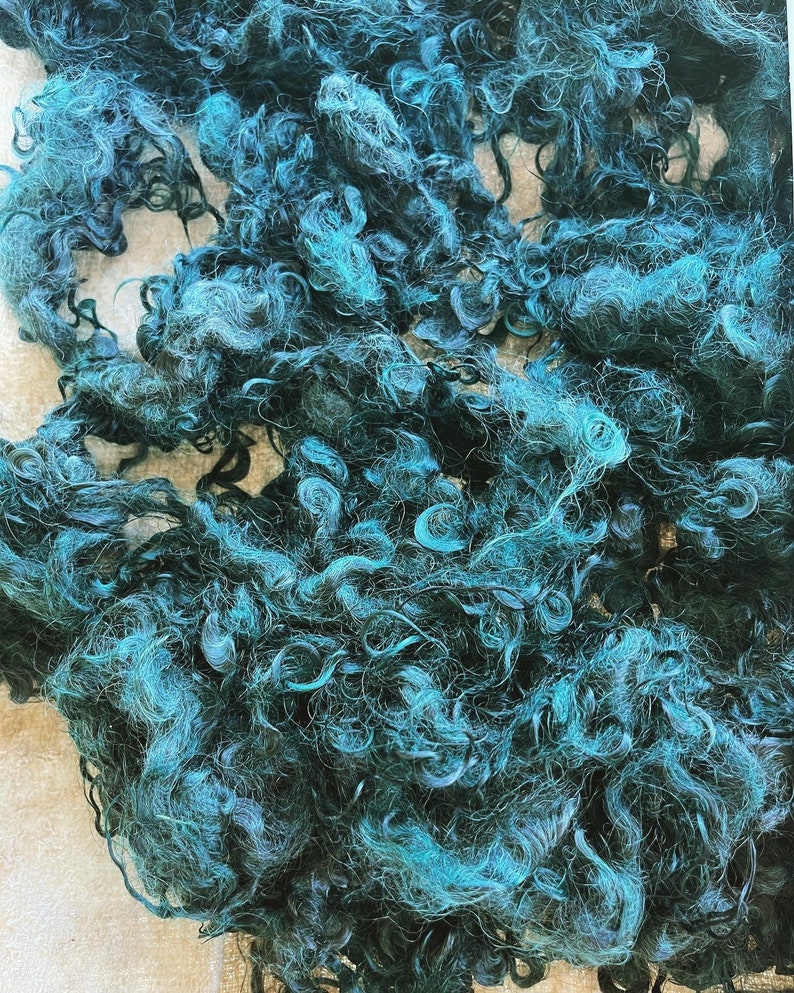 Mohair curls, dark teal blue locks, for doll's hair, needle felting, wet felting, spinning, DIY crafts. Hand-dyed by Soft Senses Yarn. image 2