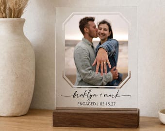Personalized Acrylic Photo Print, Engagement Gift for Couple, Custom Photo Plaque with Walnut Base, Newly Engaged Gift