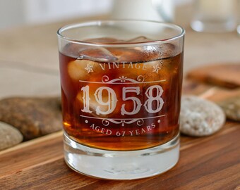60th Birthday Whiskey Glass, Aged to Perfection Engraved Rocks Glass, Birthday Gift for Him