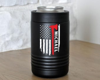Firefighter Thin Red Line Personalized Can Cooler, Fireman Gifts, Fire Department Can Holder