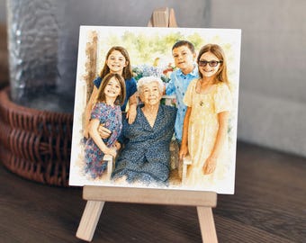 Personalized Watercolor Portrait Mini Canvas with Easel, Grandma Gift from Grandkids, Custom Nana Gift