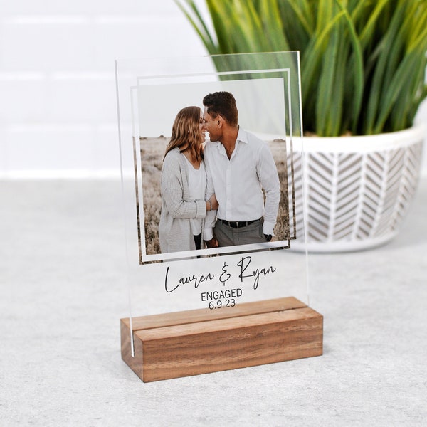 Custom Square Acrylic Engagement Picture Frame - Engagement Picture with Wood Base - Personalized Photo Print - Engagement Gift