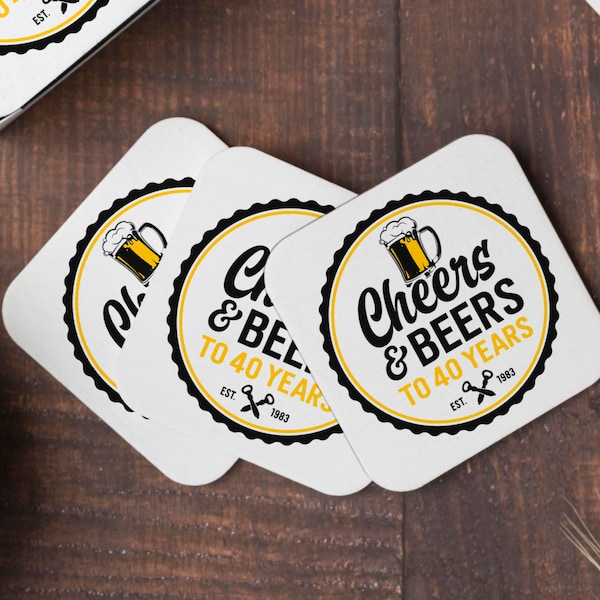 Cheers and Beers to 40 Years, Personalized Paper Coasters, 40th Birthday Decorations, Beer Coasters