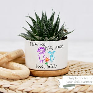 Teacher Gift with Child's Artwork - End of Year Gift for Teacher - Personalized Mini Ceramic Planter - Print Your Own Artwork
