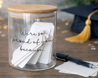 We're So Proud of You Graduation Gift Jar, Personalized Note Jar for Graduate, Class of 2026 Gift from Parents, Custom Glass Jar with Cards