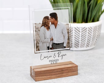 Custom Square Acrylic Engagement Picture Frame - Engagement Picture with Wood Base - Personalized Photo Print - Engagement Gift