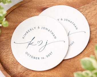 White Custom Paper Coasters: Personalized Wedding Favor with Couple's Monogram