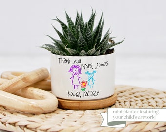 Teacher Gift with Child's Artwork - End of Year Gift for Teacher - Personalized Mini Ceramic Planter - Print Your Own Artwork