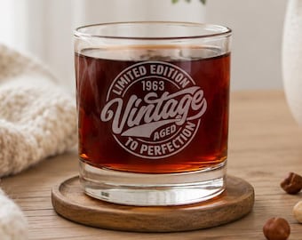 65th Birthday Whiskey Glass, Personalized Gift Idea for Him, Custom Engraved Rocks Glass