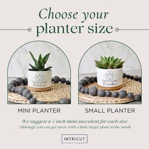 May include: Two white ceramic planters with succulents, each on a wooden base, are displayed. The text "Choose your planter size" is at the top. One planter says "forever loved Hollie" and the other says "forever loved Simba". The image suggests a 4-inch mini succulent.
