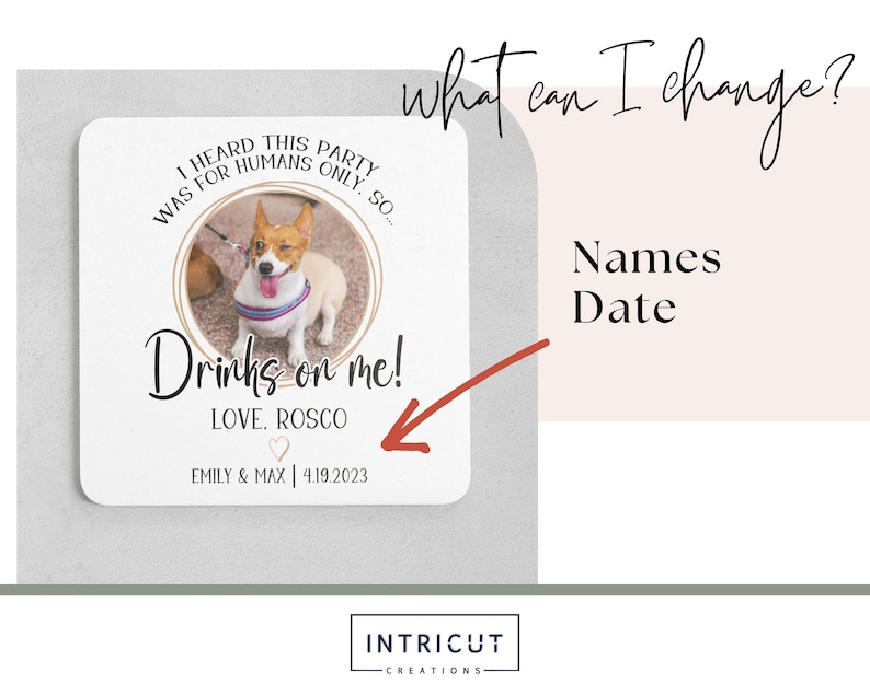 May include: A white coaster with a brown dog photo and the text "I heard this party was for humans only, so... Drinks on me! Love. Roscoe Emily & Max | 4.19.2023"