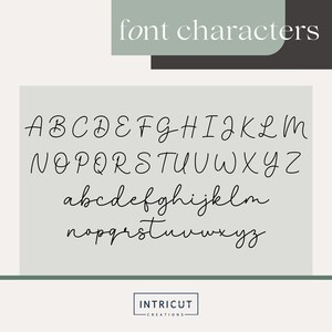May include: A handwritten font sample featuring uppercase and lowercase letters, displayed in a cursive style. The text "font characters" is at the top. The logo for Intricut Creations is at the bottom.