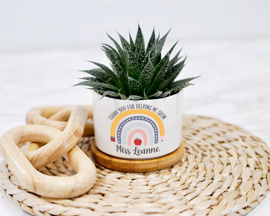 Thank You For Helping Me Grow Personalized Teacher Flower Pot Cute Rainbow Planter Teacher Appreciation Gift image 1